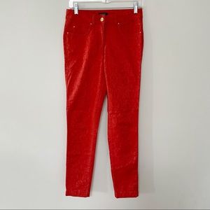 Escada vintage red brocade floral pattern rhinestone diamanté designer jeans